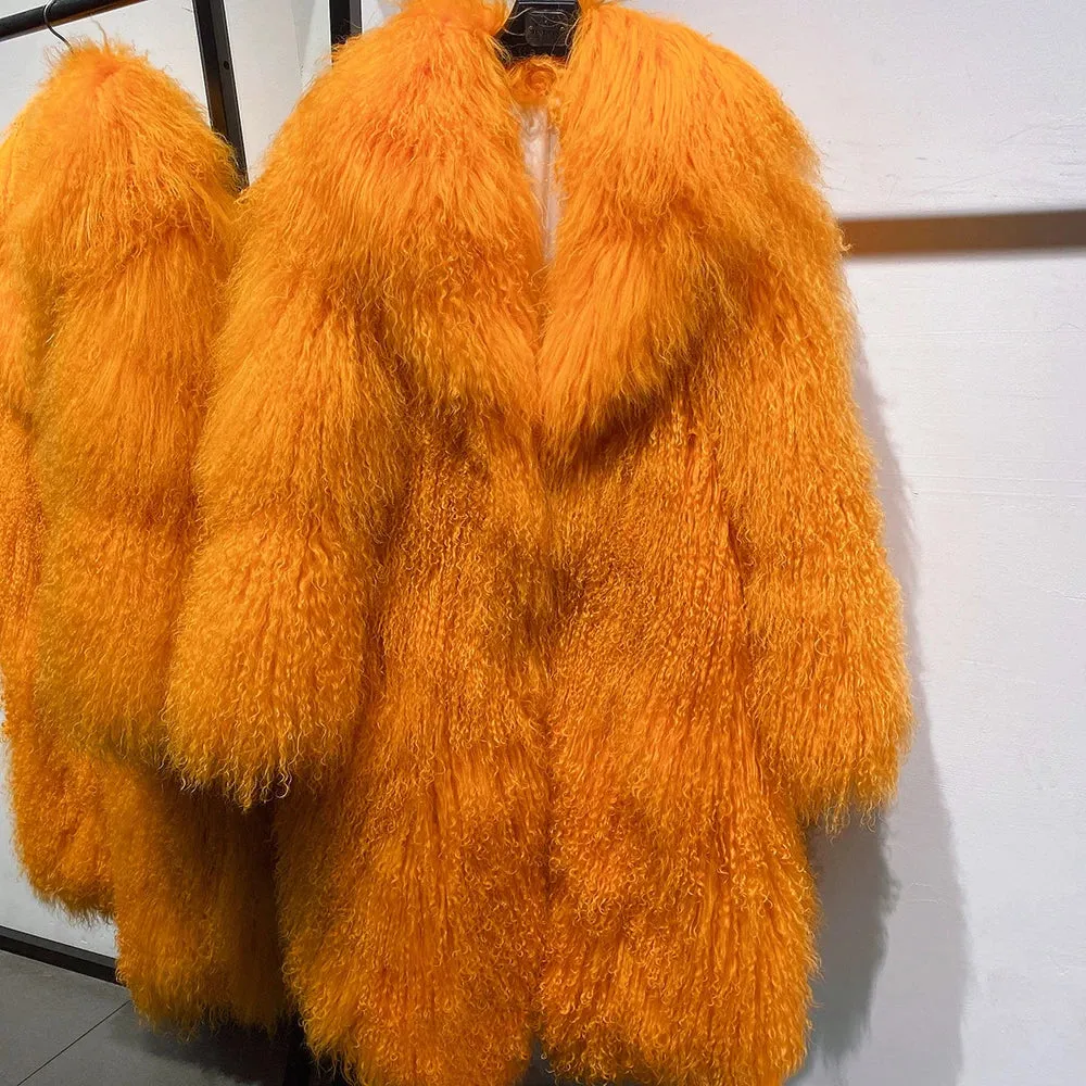 Extra Long Mongolian Curly Lamb Fur Coat