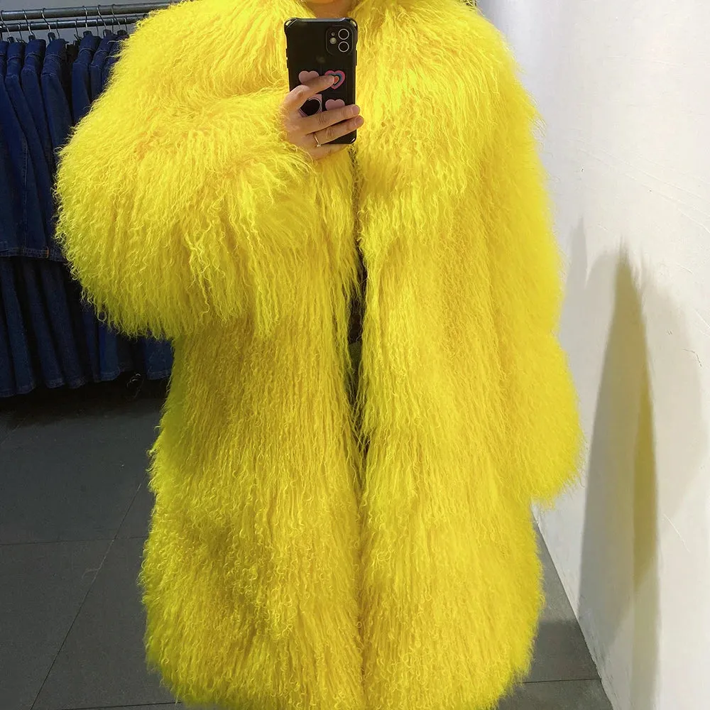 Extra Long Mongolian Curly Lamb Fur Coat