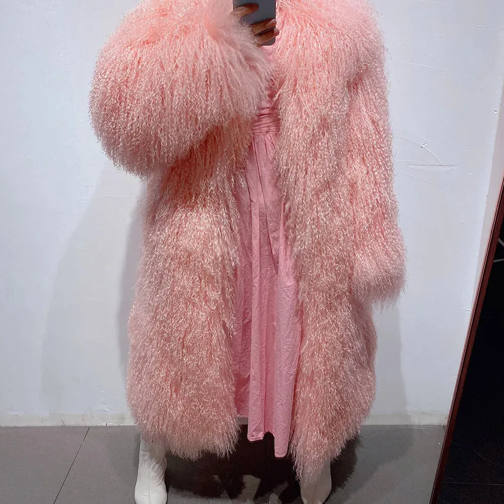 Extra Long Mongolian Curly Lamb Fur Coat