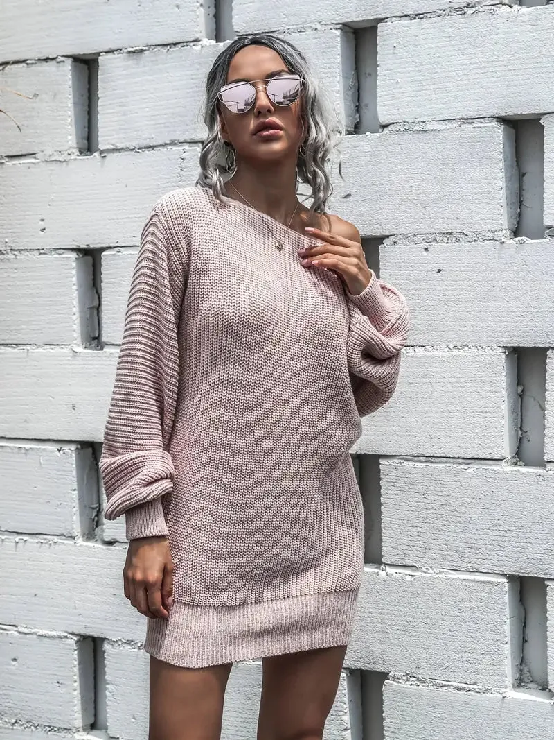 Flytonn- Loose Round Neck Solid Sweater Dress