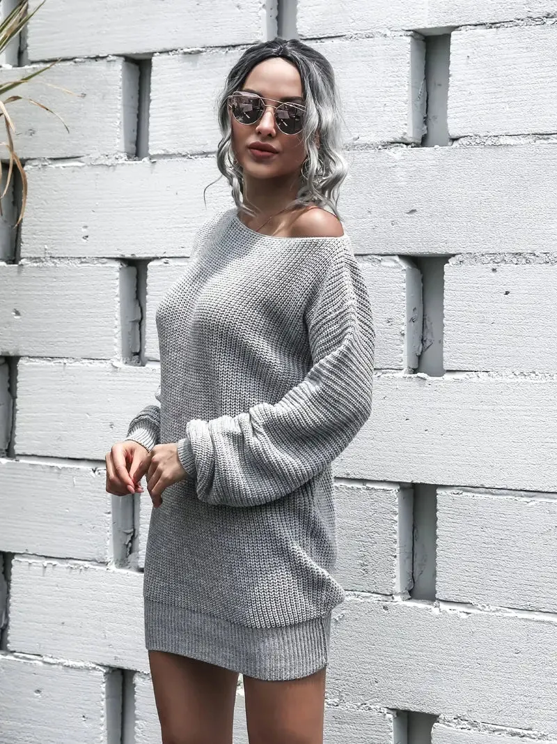 Flytonn- Loose Round Neck Solid Sweater Dress