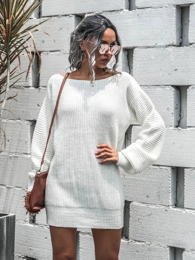 Flytonn- Loose Round Neck Solid Sweater Dress