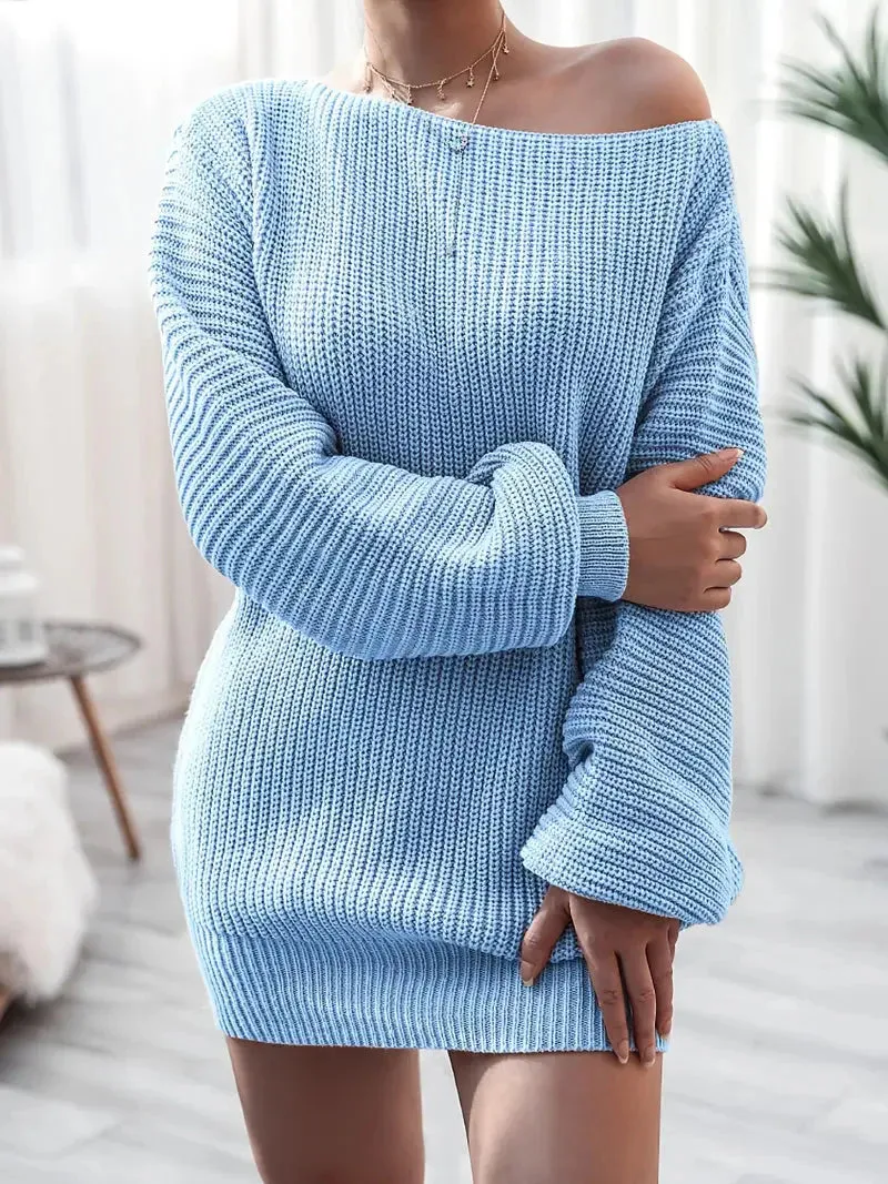 Flytonn- Loose Round Neck Solid Sweater Dress