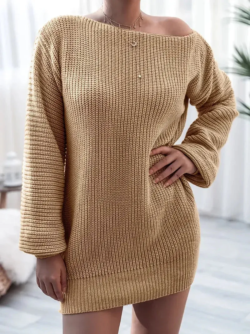 Flytonn- Loose Round Neck Solid Sweater Dress