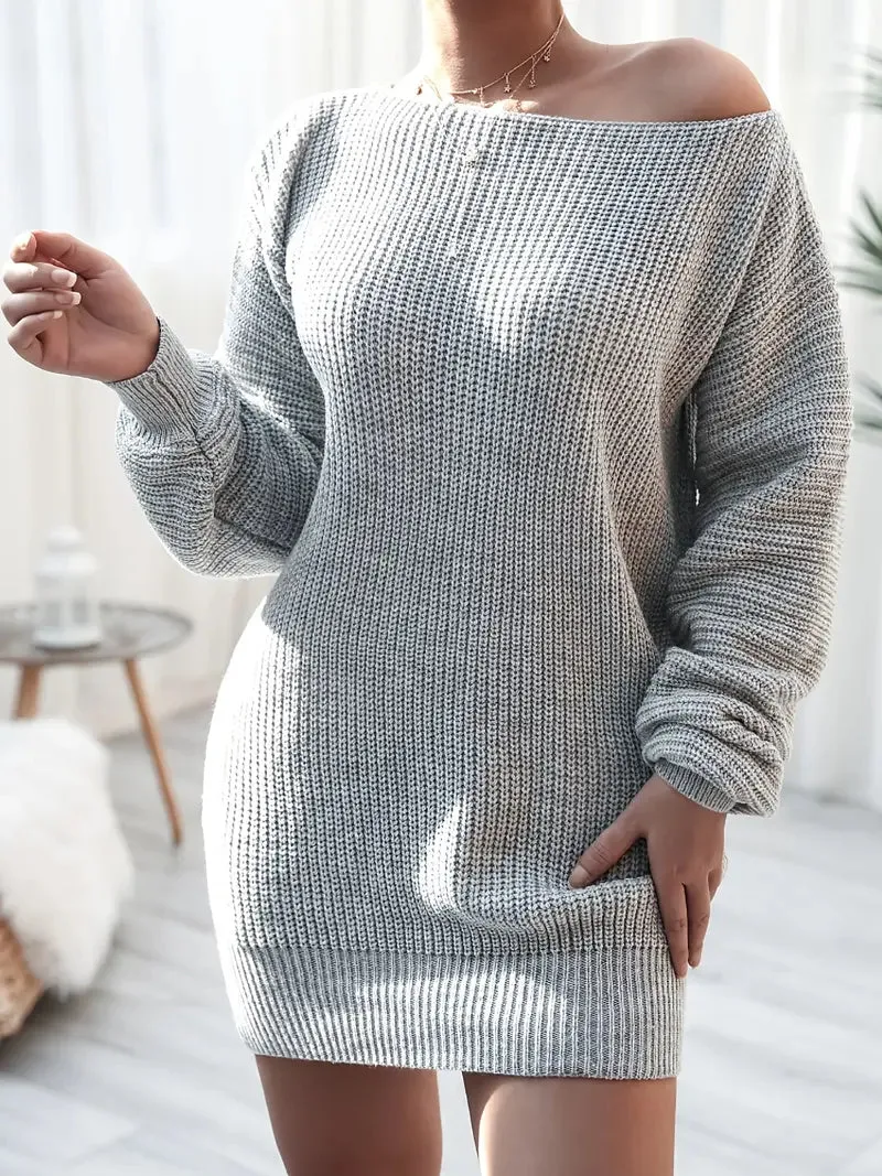 Flytonn- Loose Round Neck Solid Sweater Dress