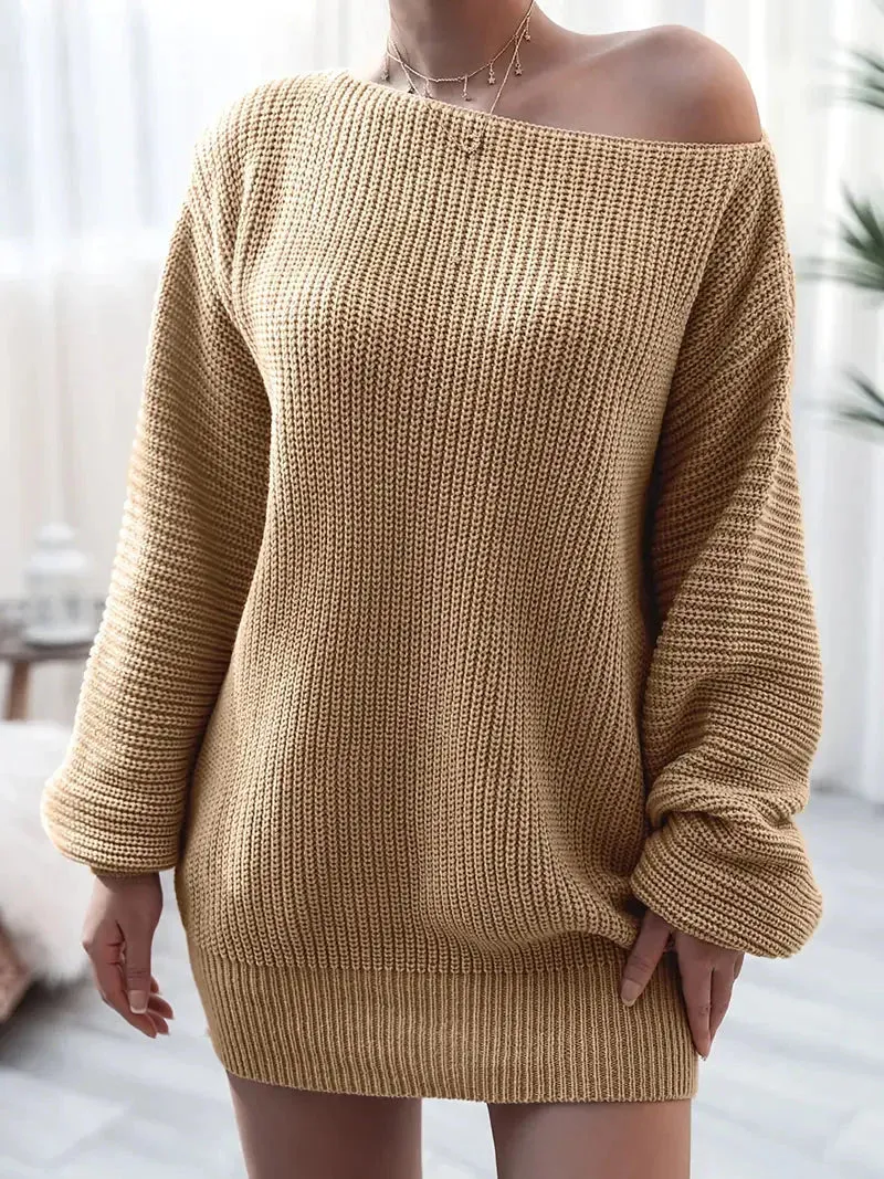 Flytonn- Loose Round Neck Solid Sweater Dress