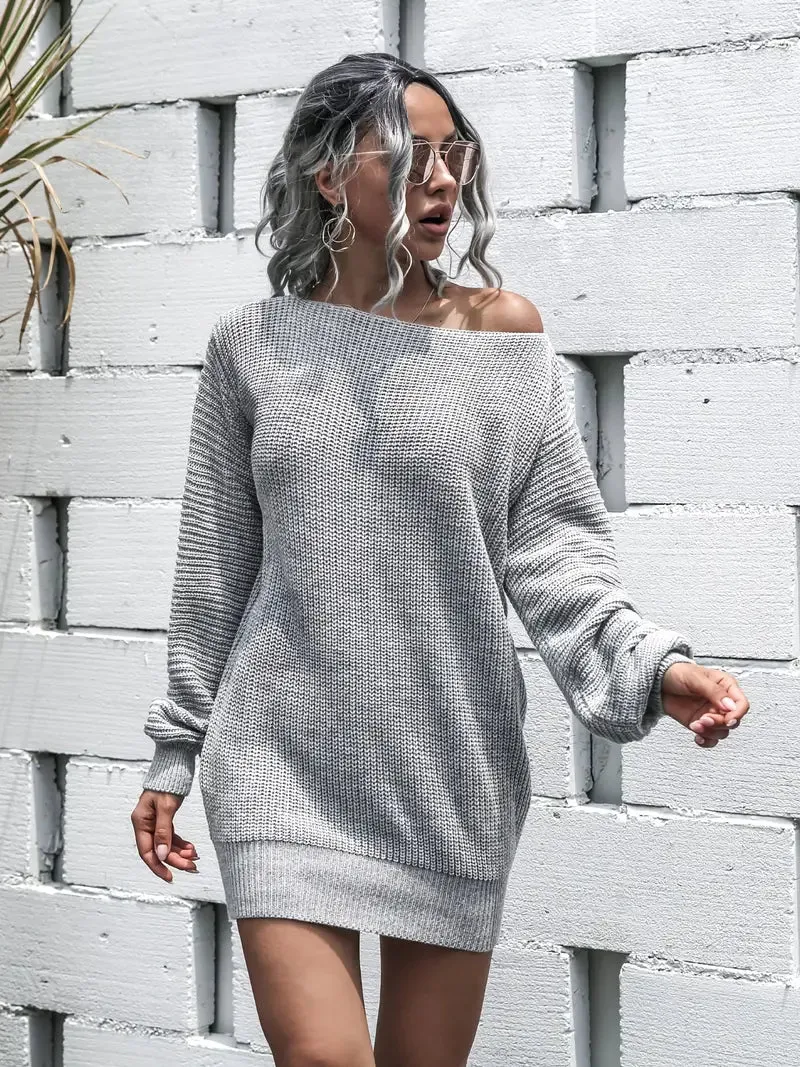 Flytonn- Loose Round Neck Solid Sweater Dress