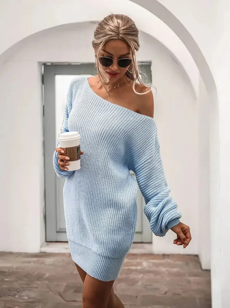 Flytonn- Loose Round Neck Solid Sweater Dress