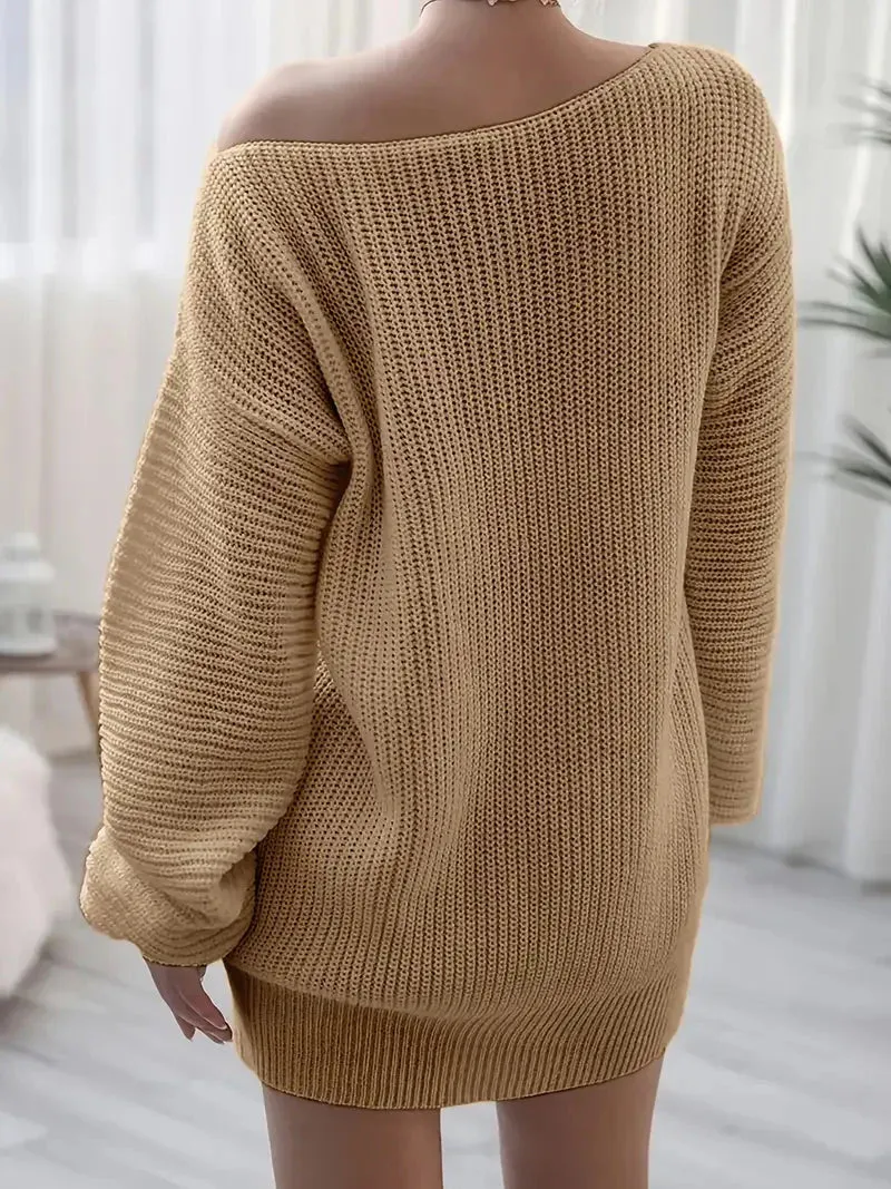 Flytonn- Loose Round Neck Solid Sweater Dress