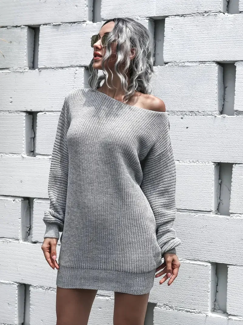 Flytonn- Loose Round Neck Solid Sweater Dress