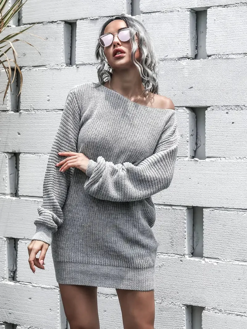 Flytonn- Loose Round Neck Solid Sweater Dress