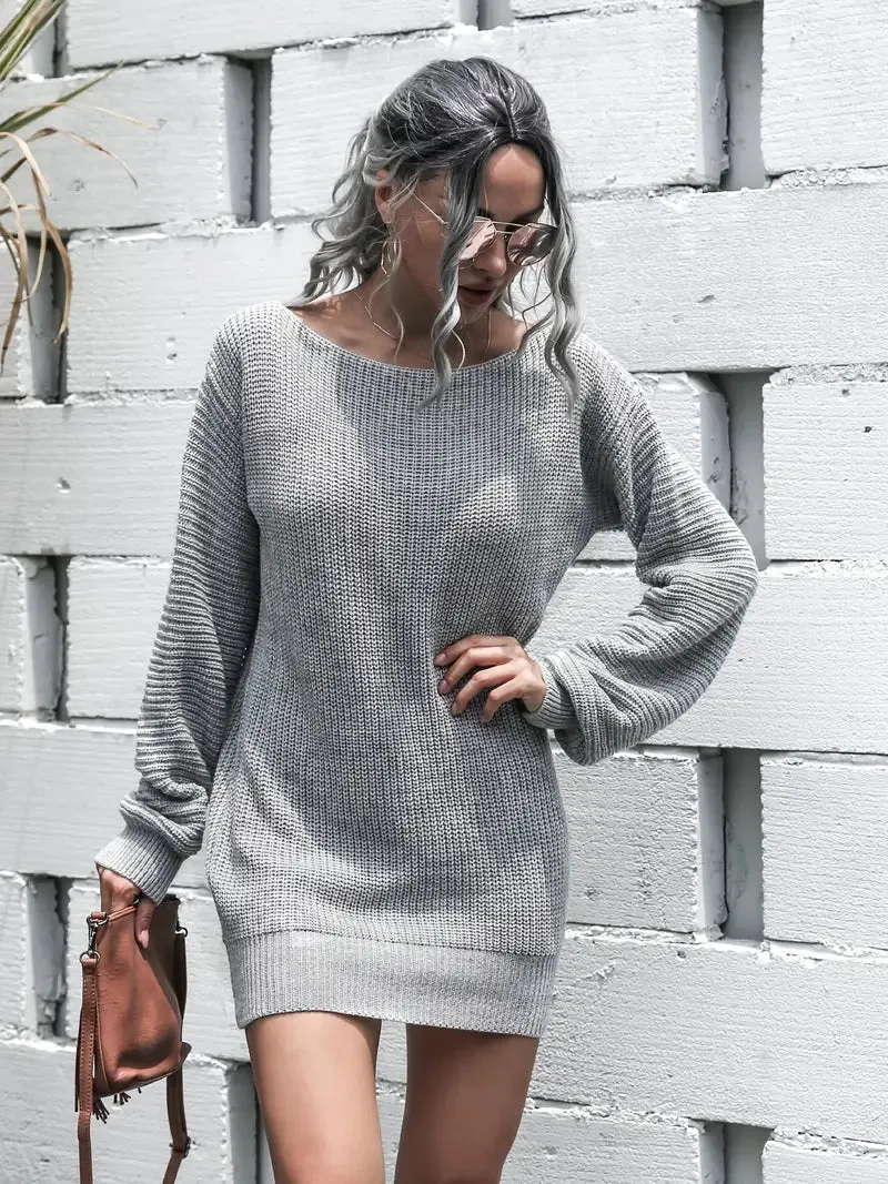 Flytonn- Loose Round Neck Solid Sweater Dress