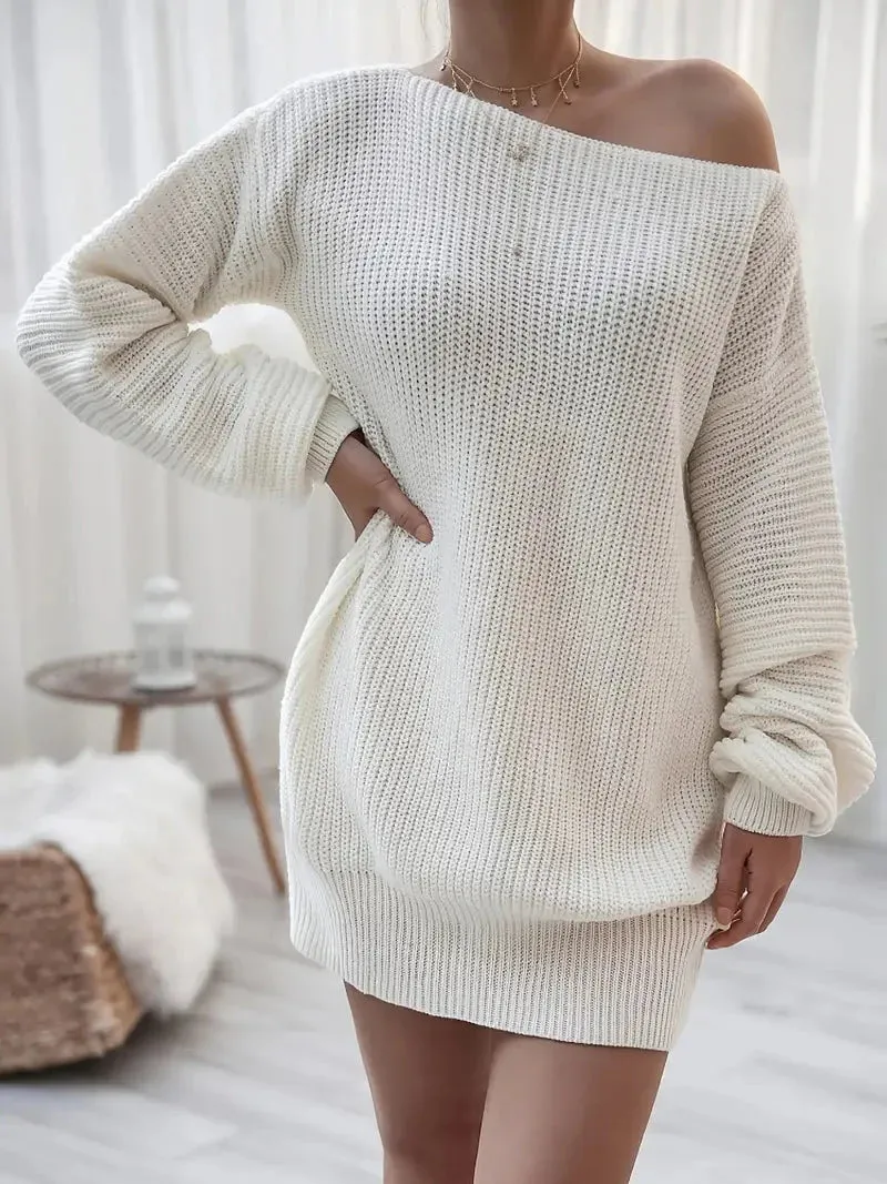 Flytonn- Loose Round Neck Solid Sweater Dress