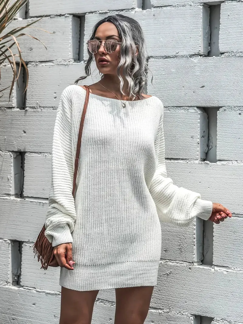 Flytonn- Loose Round Neck Solid Sweater Dress