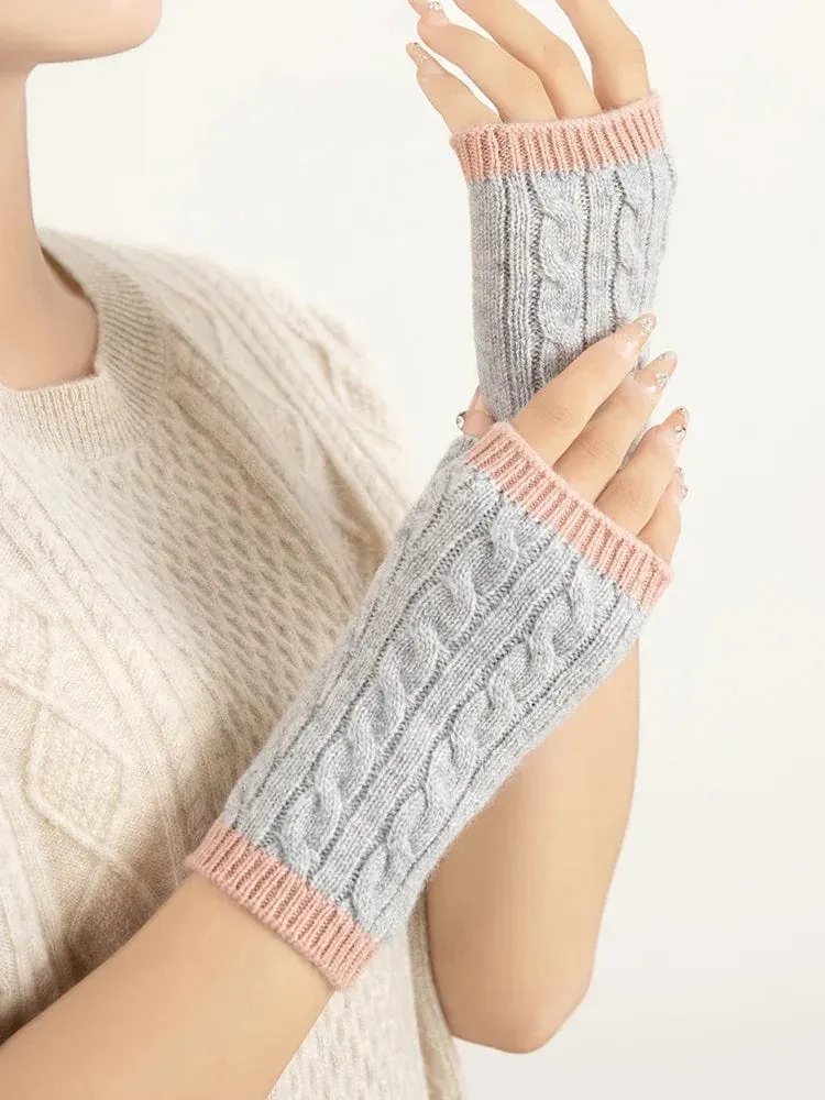 Forest Cashmere, Women’s 100% Cashmere Cable Knit Mitts, Two-Tone Fingerless Winter Thermal Gloves