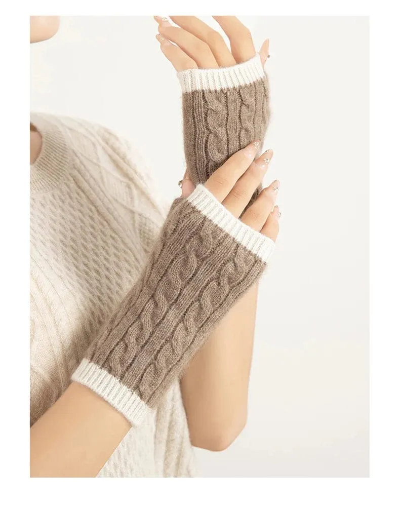 Forest Cashmere, Women’s 100% Cashmere Cable Knit Mitts, Two-Tone Fingerless Winter Thermal Gloves