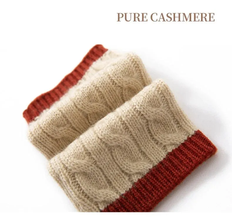 Forest Cashmere, Women’s 100% Cashmere Cable Knit Mitts, Two-Tone Fingerless Winter Thermal Gloves