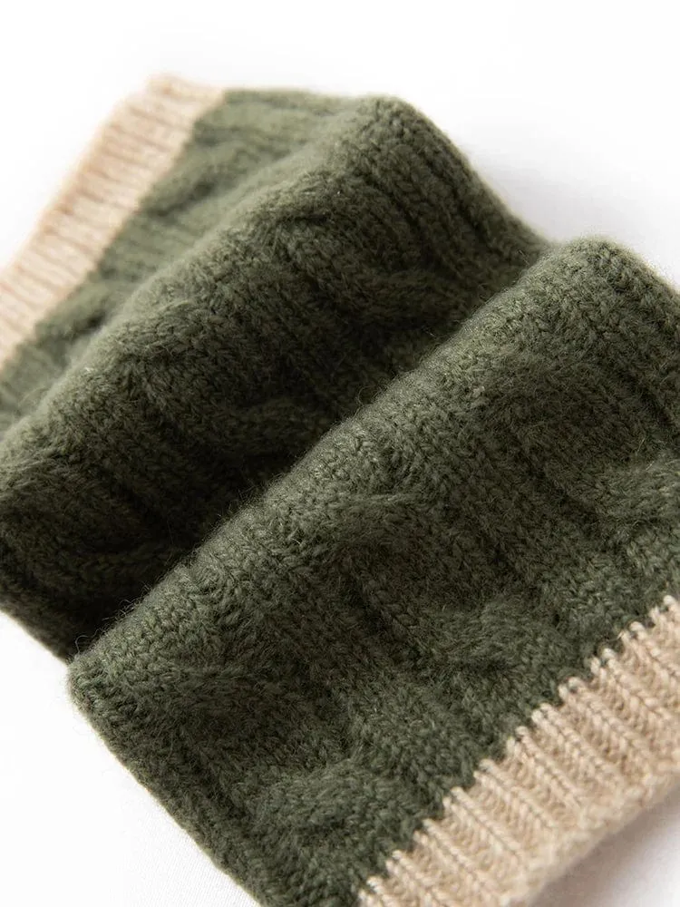 Forest Cashmere, Women’s 100% Cashmere Cable Knit Mitts, Two-Tone Fingerless Winter Thermal Gloves