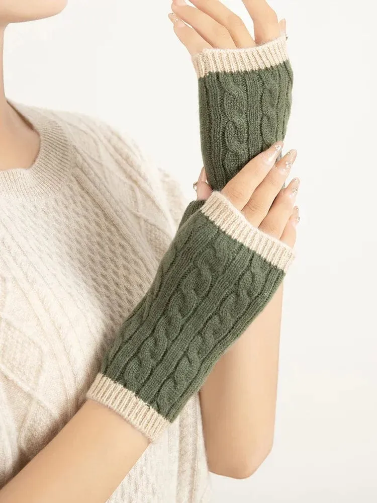 Forest Cashmere, Women’s 100% Cashmere Cable Knit Mitts, Two-Tone Fingerless Winter Thermal Gloves