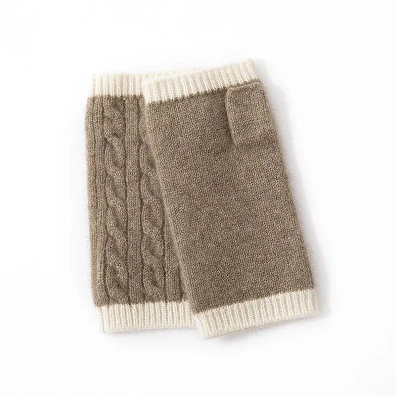 Forest Cashmere, Women’s 100% Cashmere Cable Knit Mitts, Two-Tone Fingerless Winter Thermal Gloves