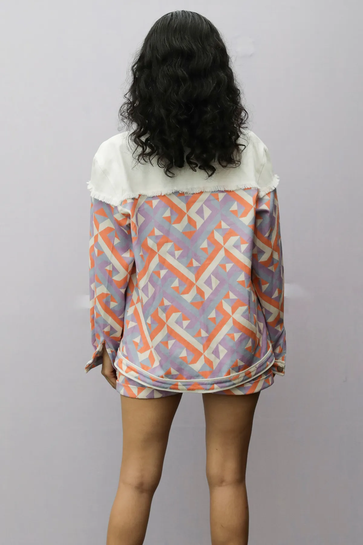 Geometric Print Denim Jacket with fray detailing