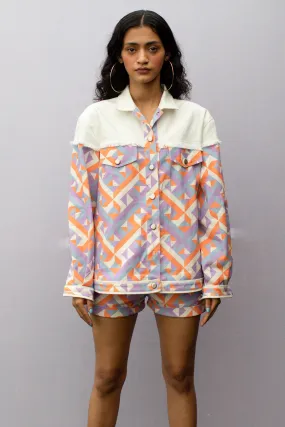 Geometric Print Denim Jacket with fray detailing