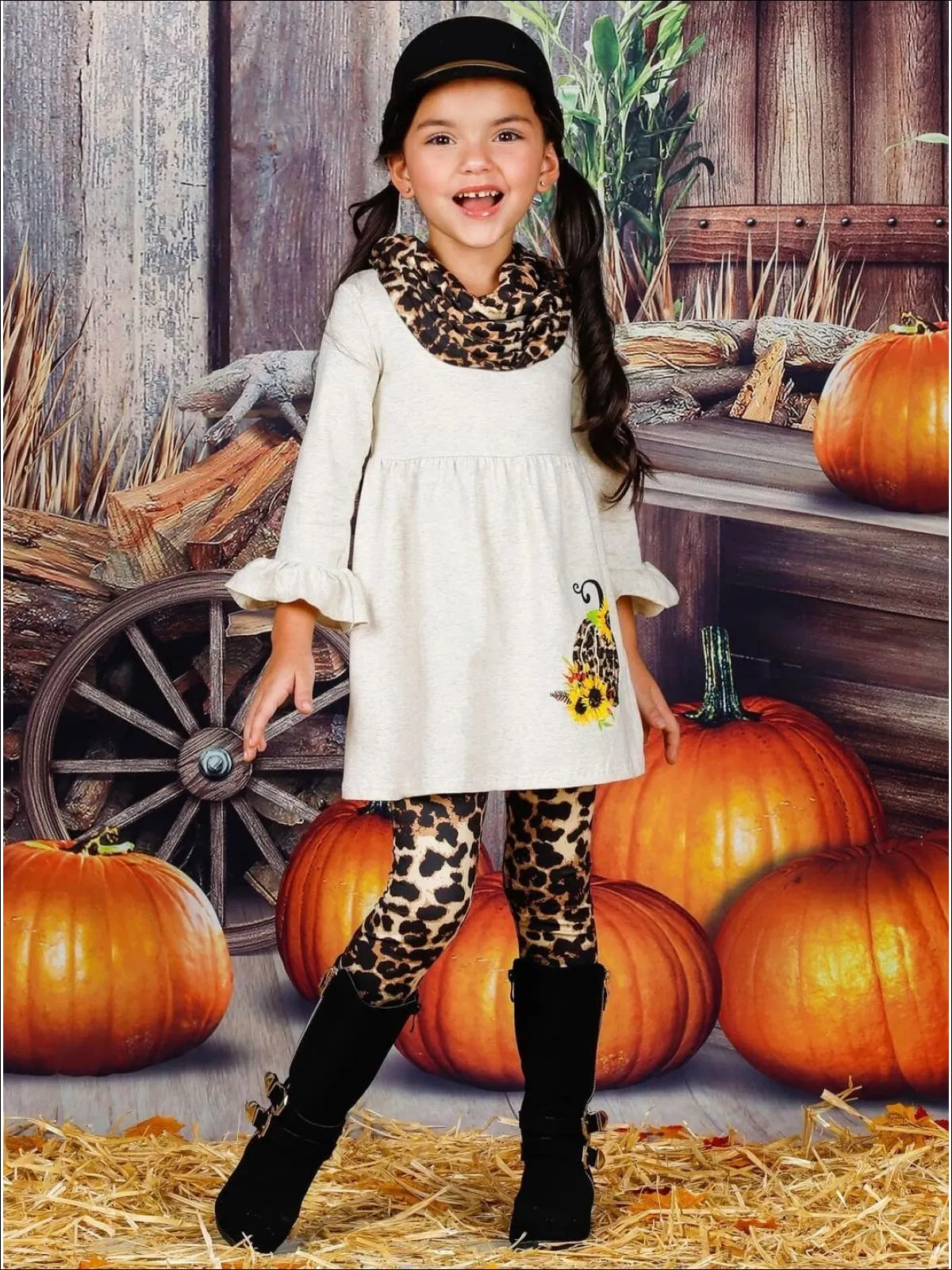 Girls Pumpkin Sunflower Print Long Ruffled Sleeve Top, Animal Print Leggings And Scarf Set