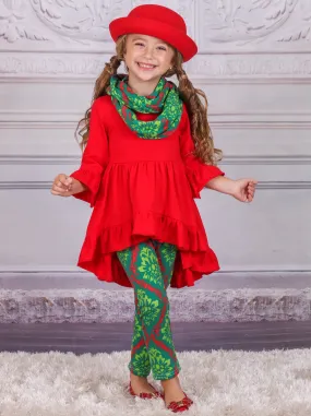 Girls Red Ruffled Tunic And Green And Red Christmas Leggings   Scarf Set