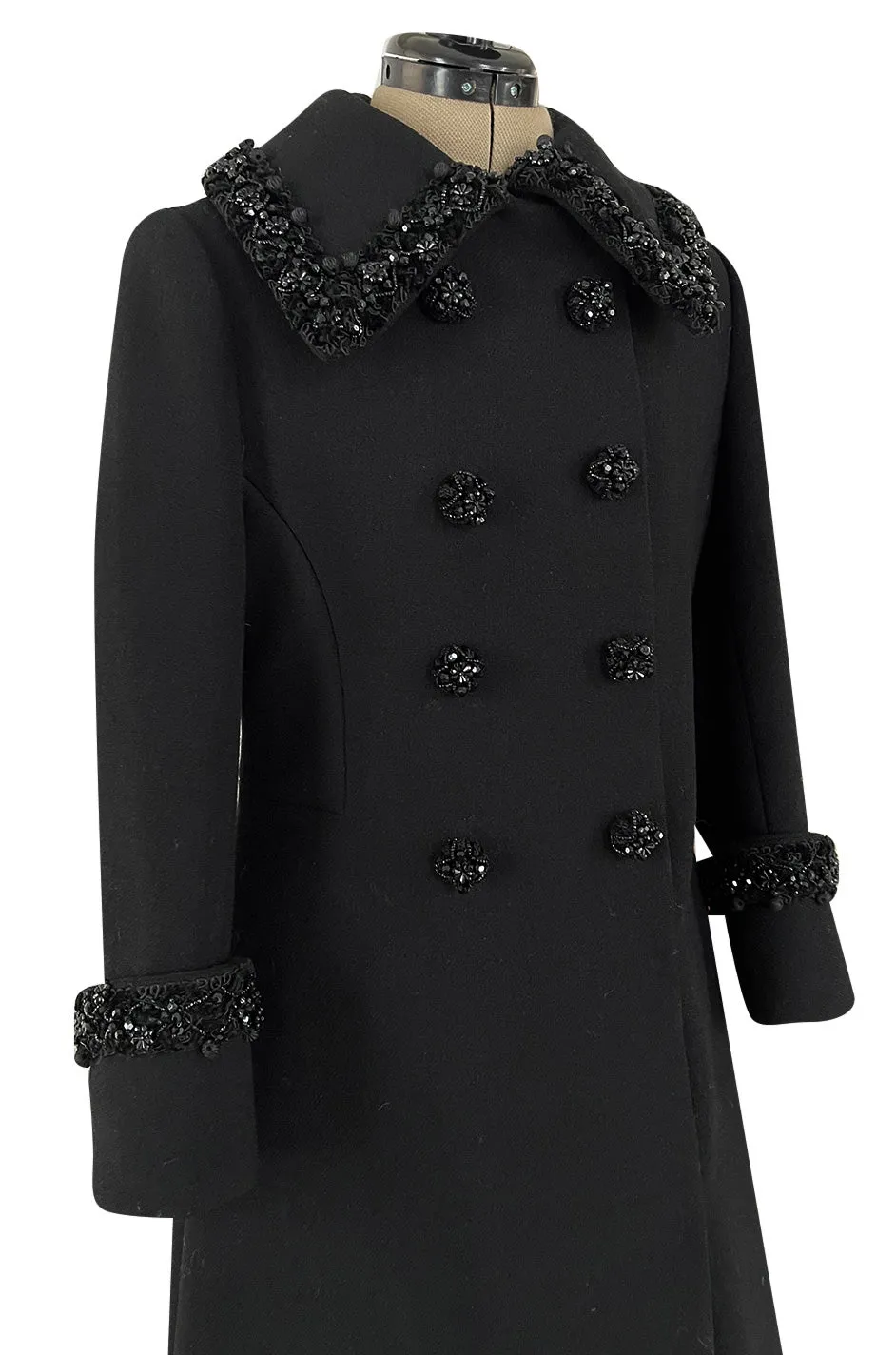 Glamorous 1960s Tailored Black Wool Coat w Densely Beaded Cuffs Collar & Buttons