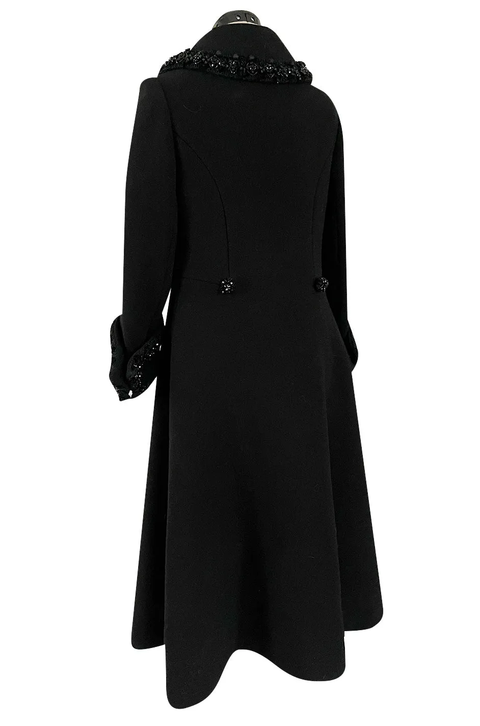 Glamorous 1960s Tailored Black Wool Coat w Densely Beaded Cuffs Collar & Buttons