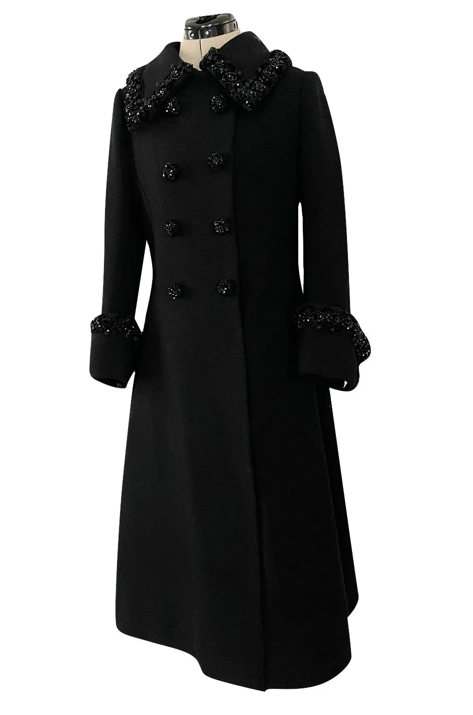 Glamorous 1960s Tailored Black Wool Coat w Densely Beaded Cuffs Collar & Buttons