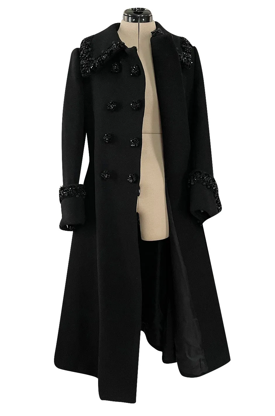 Glamorous 1960s Tailored Black Wool Coat w Densely Beaded Cuffs Collar & Buttons