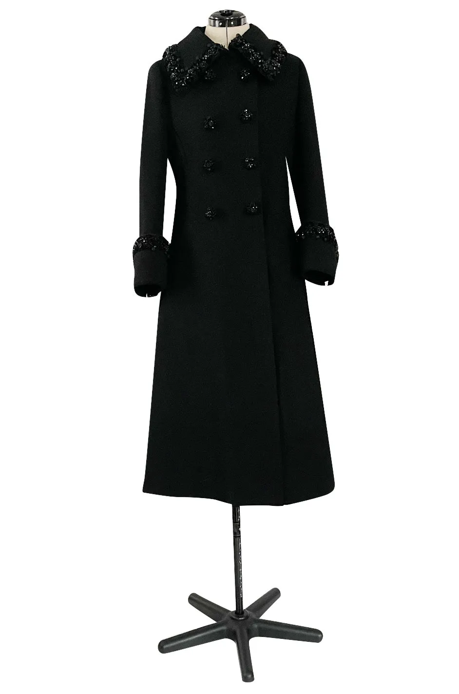 Glamorous 1960s Tailored Black Wool Coat w Densely Beaded Cuffs Collar & Buttons