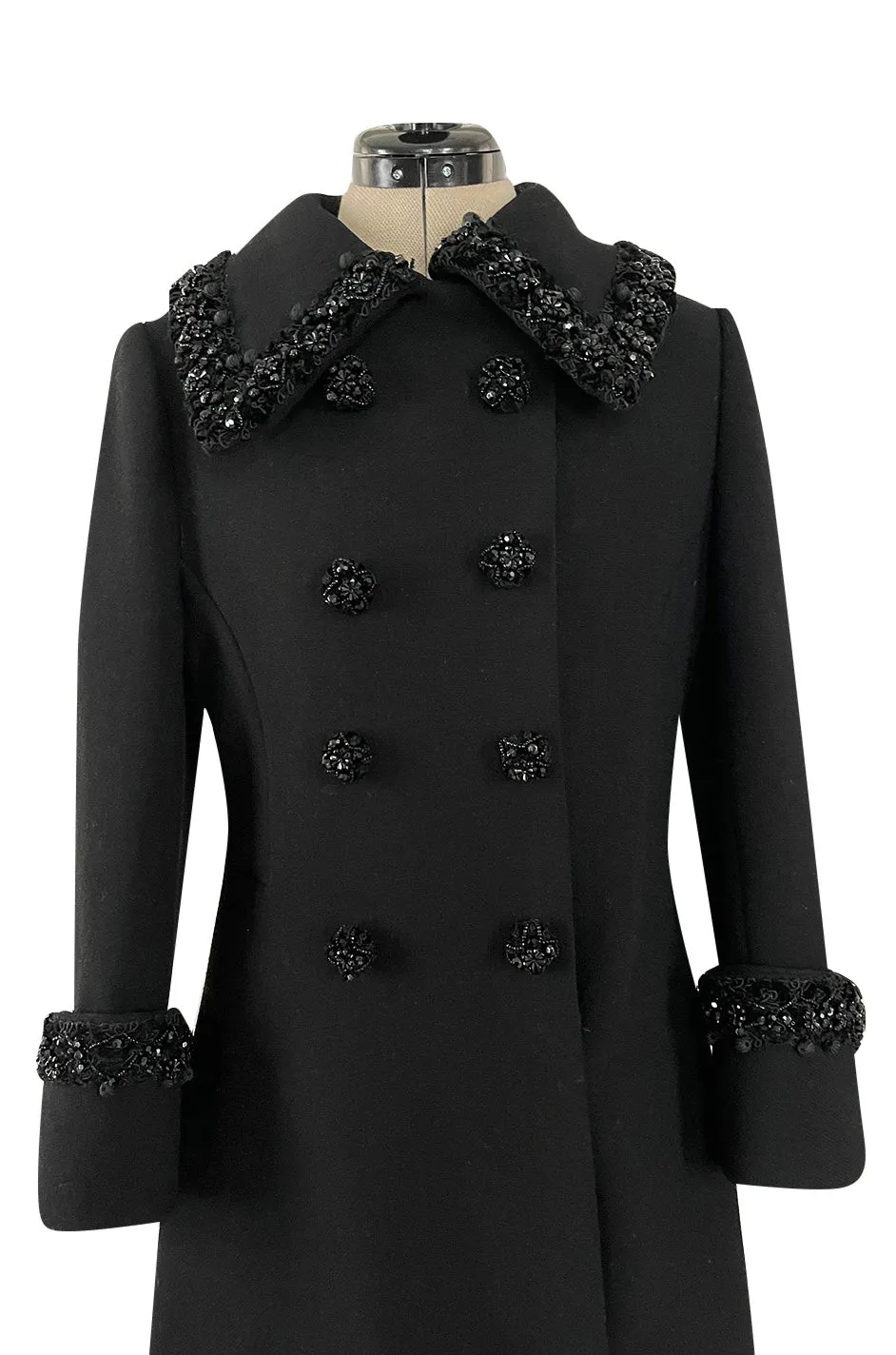 Glamorous 1960s Tailored Black Wool Coat w Densely Beaded Cuffs Collar & Buttons