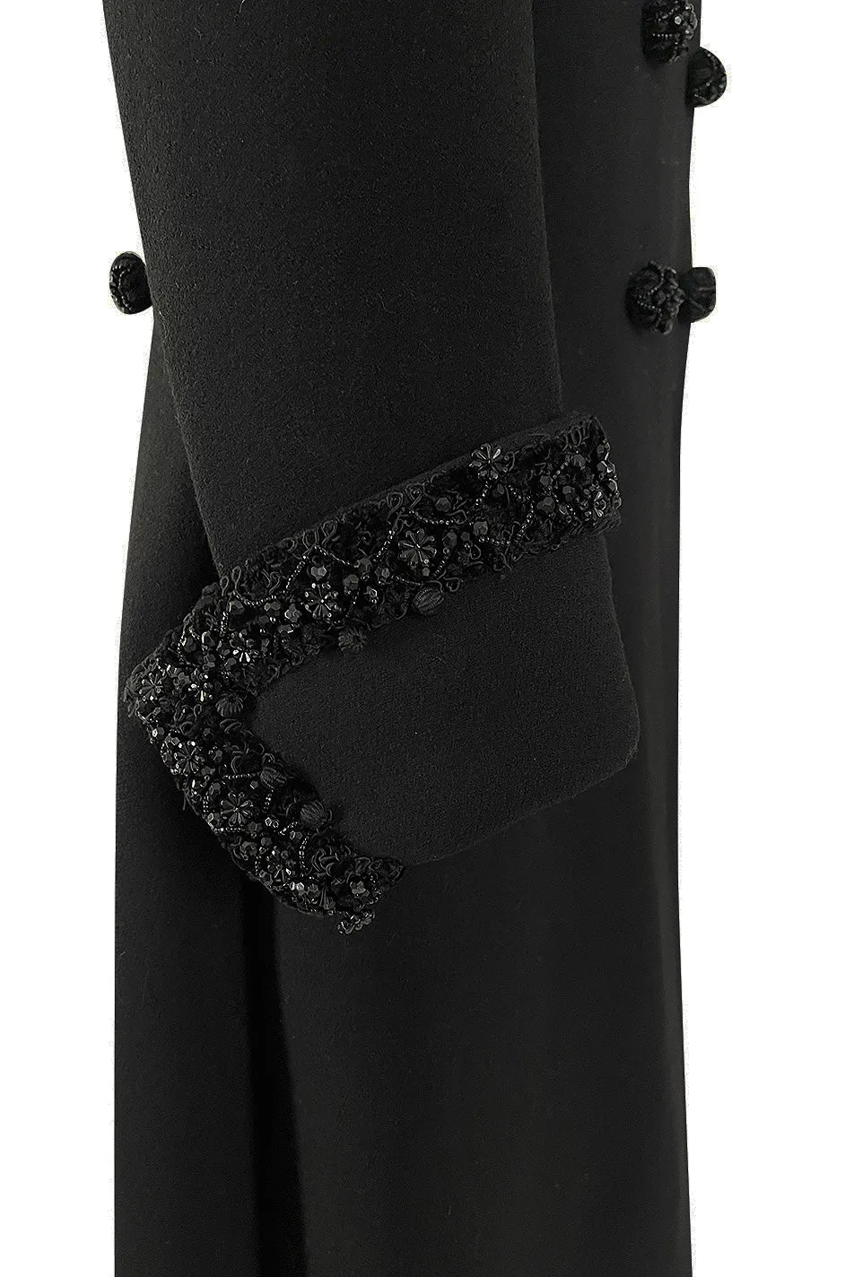 Glamorous 1960s Tailored Black Wool Coat w Densely Beaded Cuffs Collar & Buttons