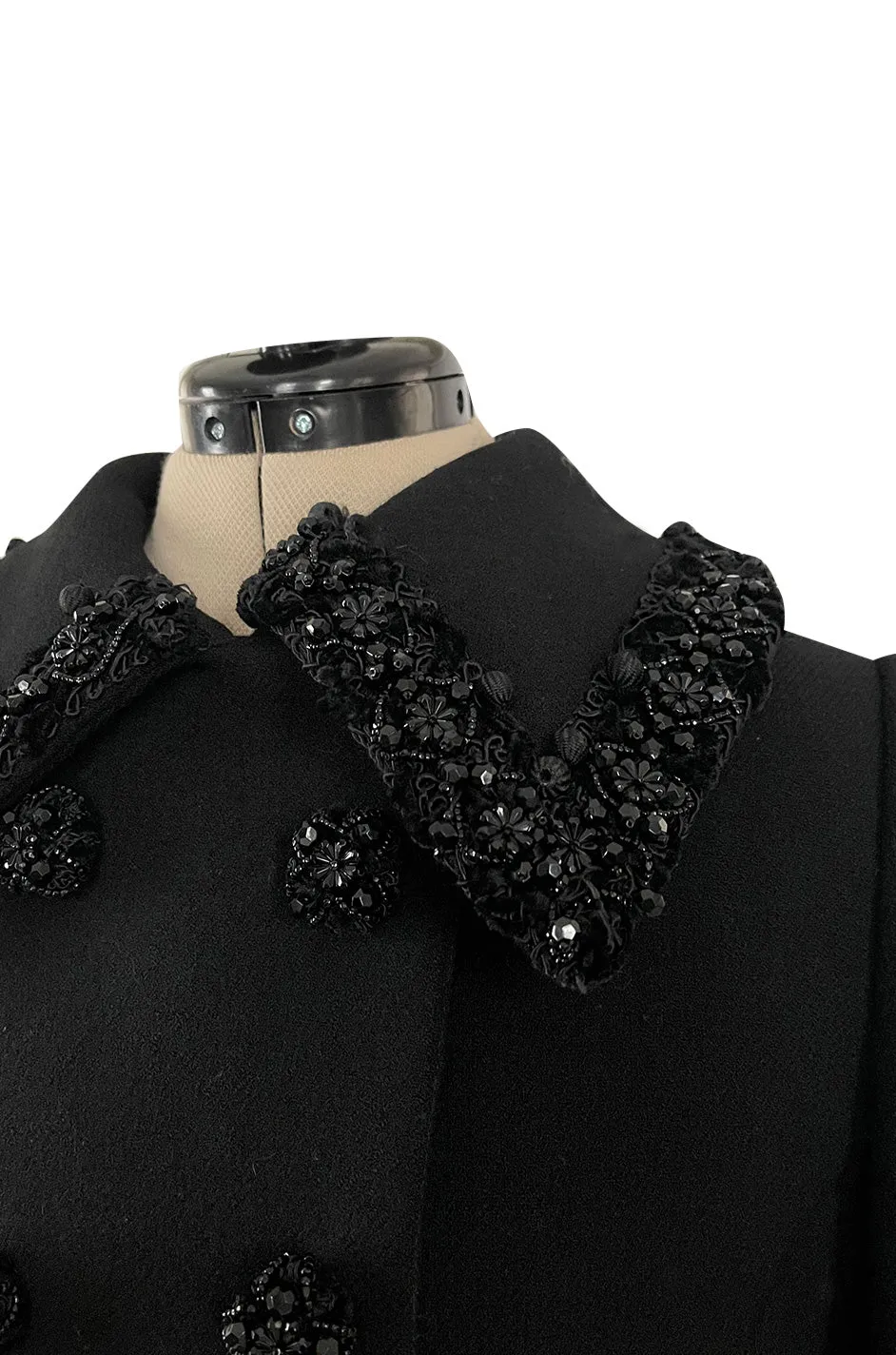 Glamorous 1960s Tailored Black Wool Coat w Densely Beaded Cuffs Collar & Buttons