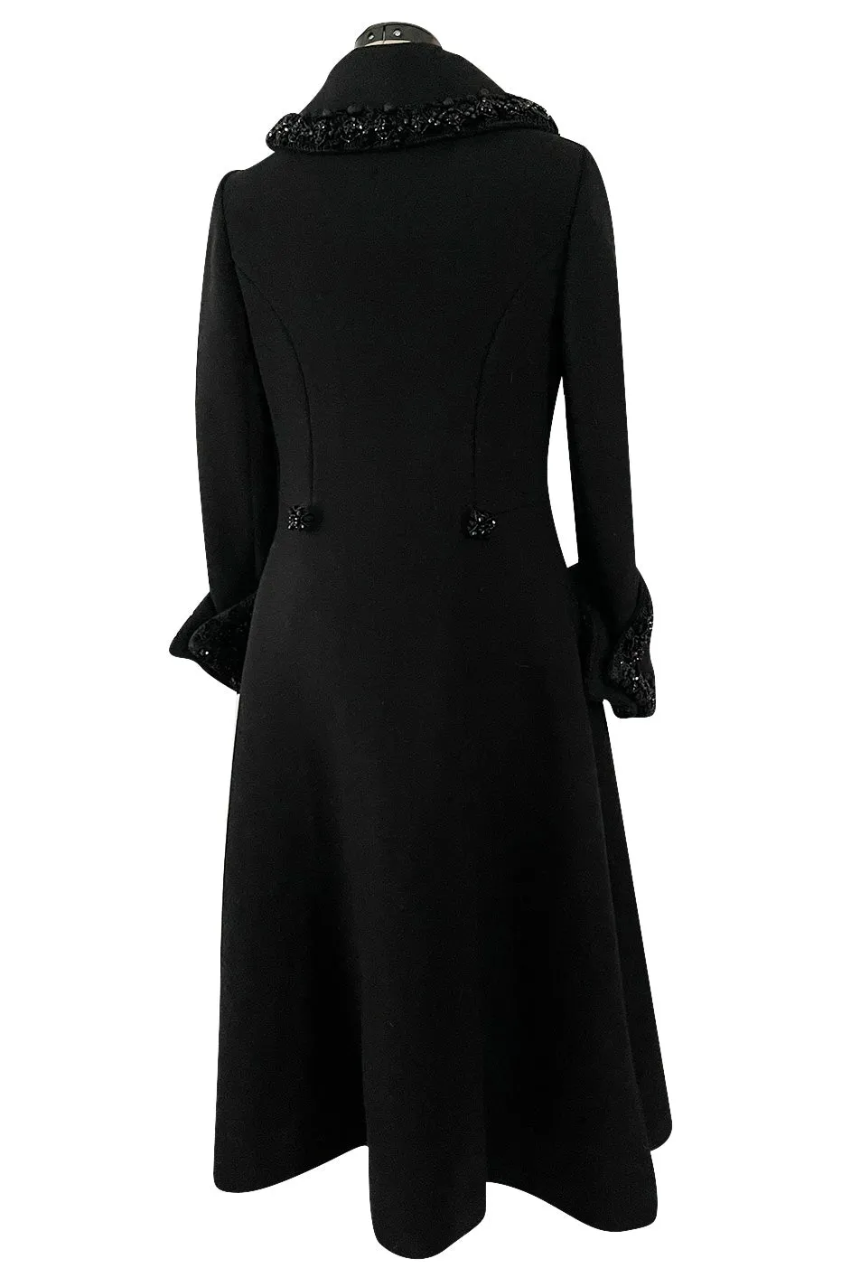 Glamorous 1960s Tailored Black Wool Coat w Densely Beaded Cuffs Collar & Buttons