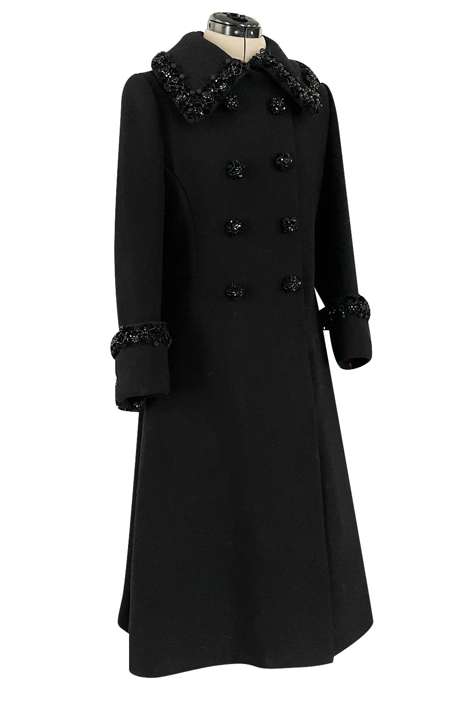 Glamorous 1960s Tailored Black Wool Coat w Densely Beaded Cuffs Collar & Buttons