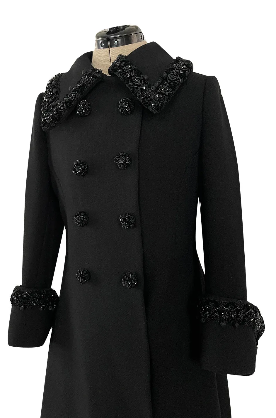 Glamorous 1960s Tailored Black Wool Coat w Densely Beaded Cuffs Collar & Buttons