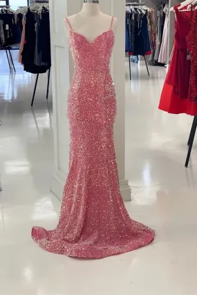 Glitter Pink Prom Dress Sequin Mermaid Long Formal Dress