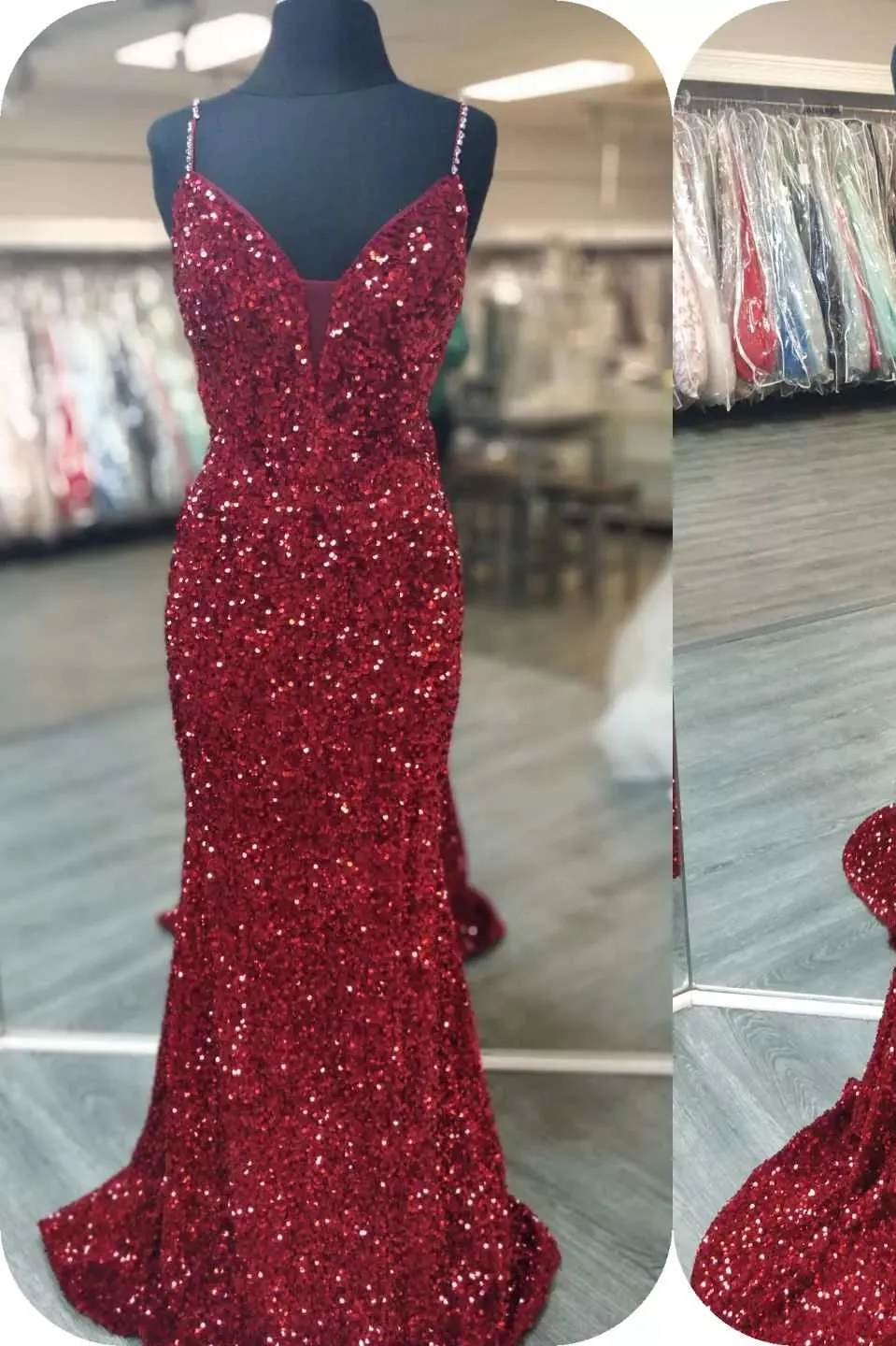 Glittery Mermaid Red Sequin V-Neck Lace-Up Back Prom Dress Gala Gown