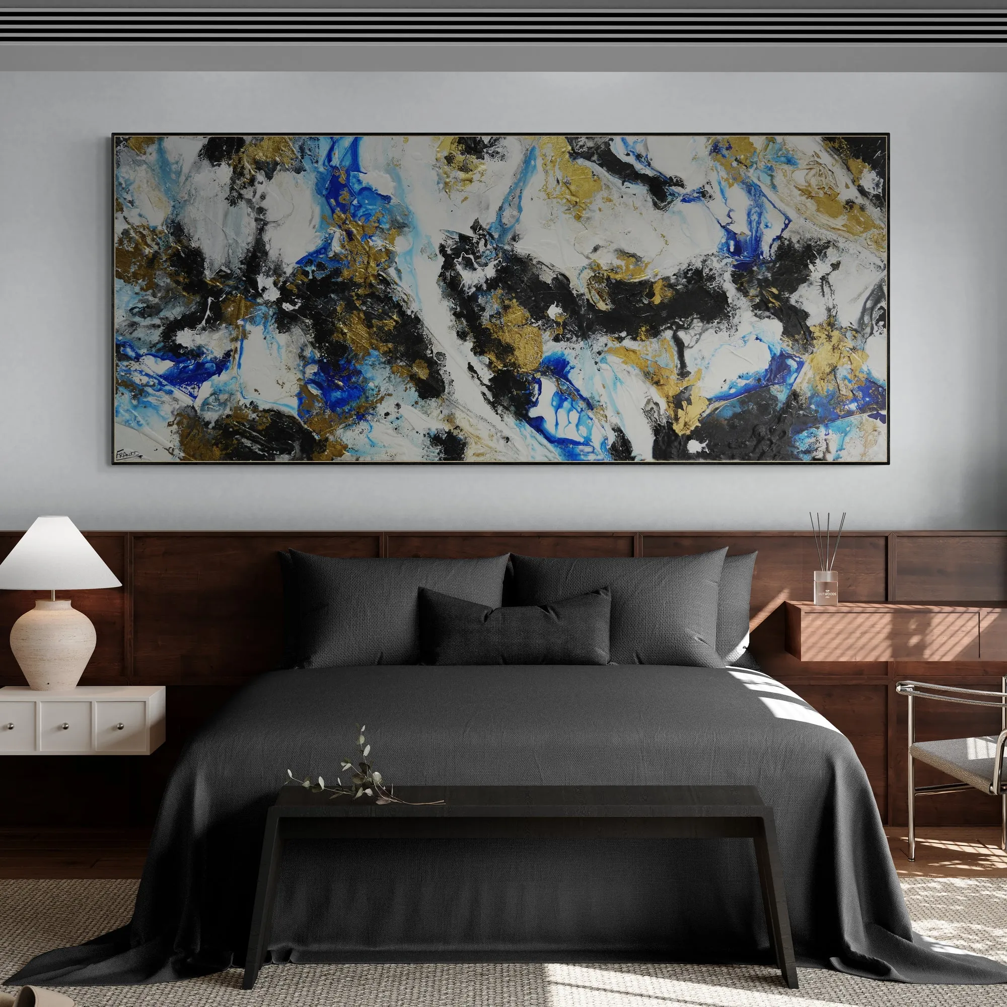 Golden Genesis 240cm x 100cm Blue White Metallic Gold Textured Abstract Painting