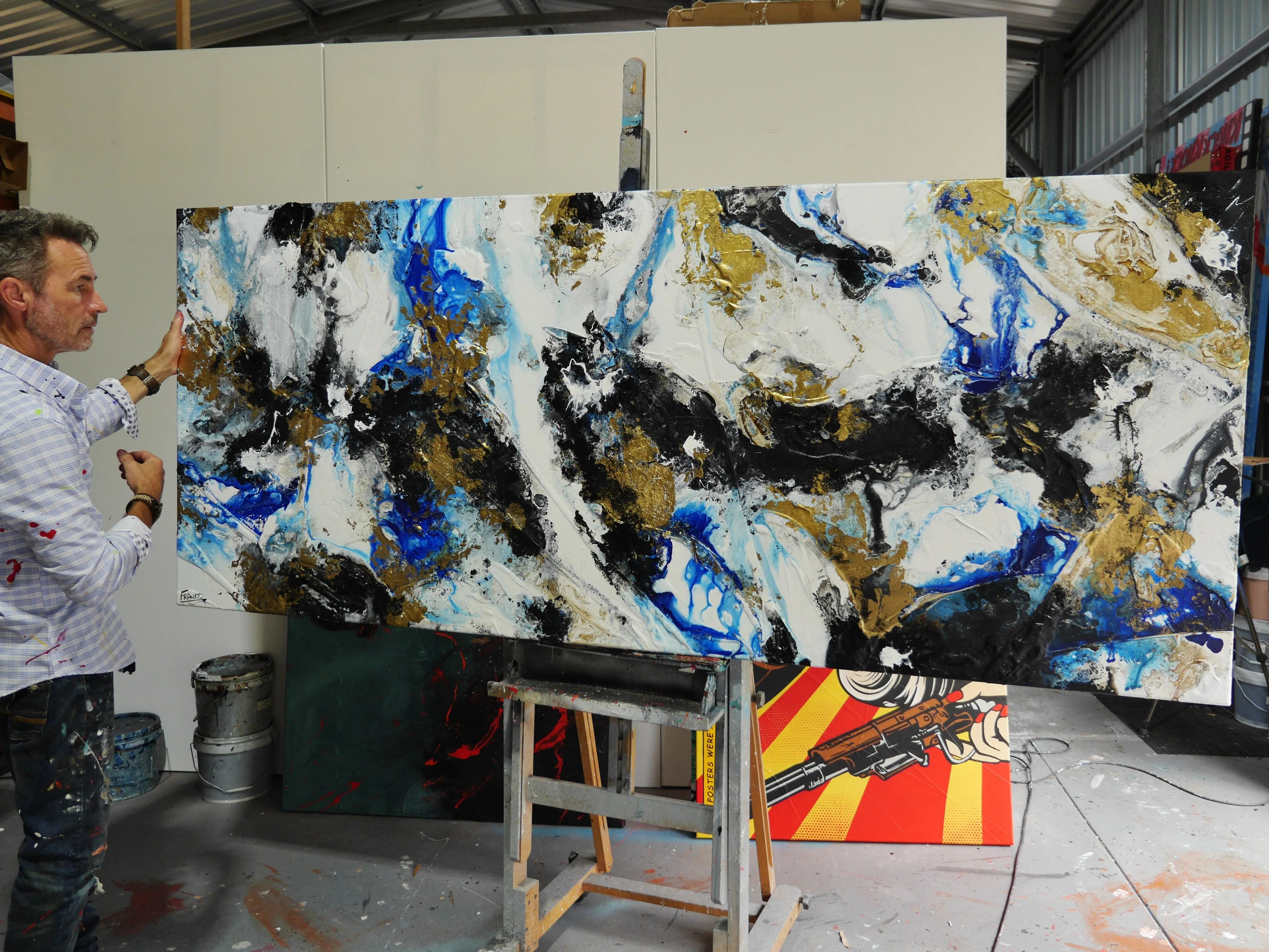 Golden Genesis 240cm x 100cm Blue White Metallic Gold Textured Abstract Painting