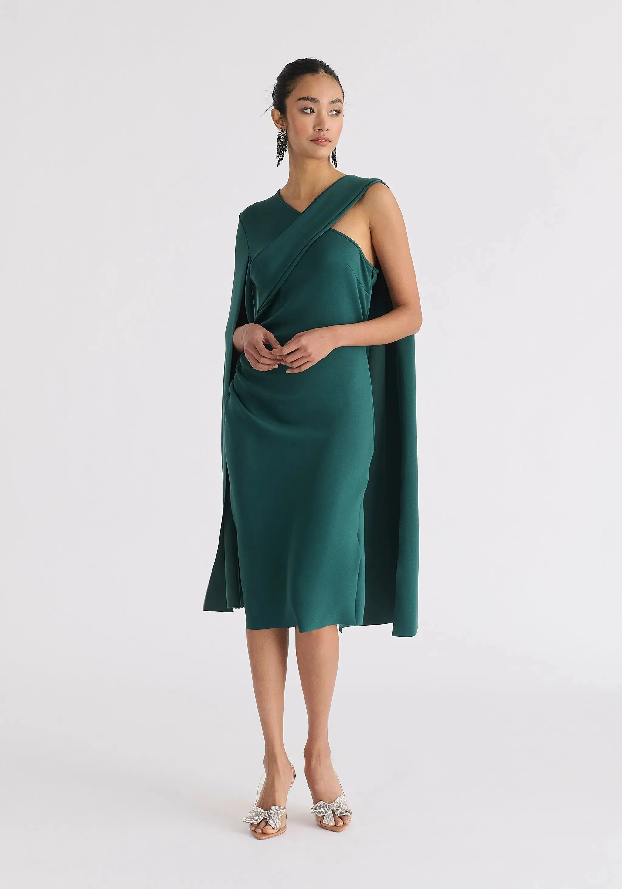 Green Asymmetric Draped Cape Sleeve Dress