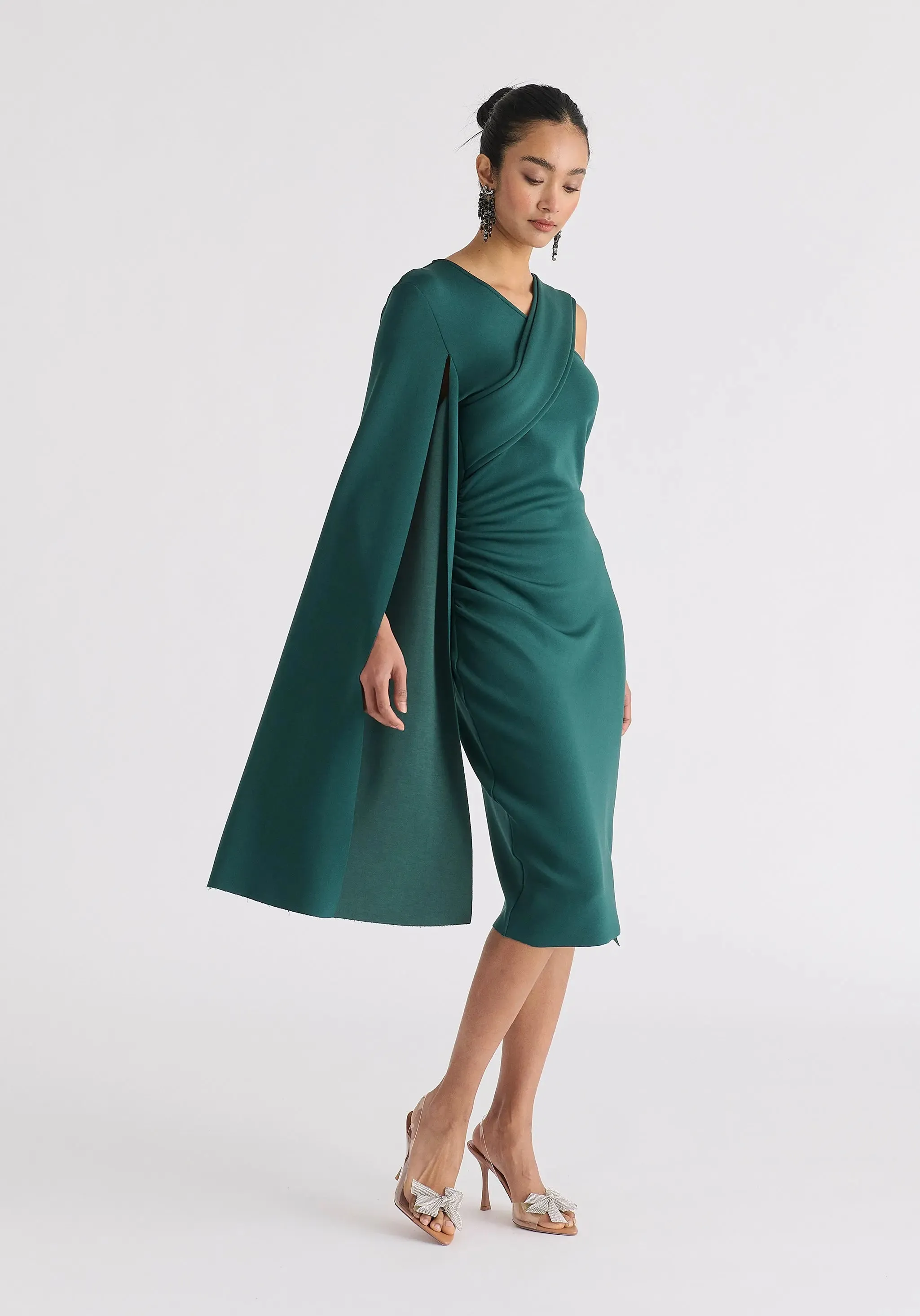 Green Asymmetric Draped Cape Sleeve Dress