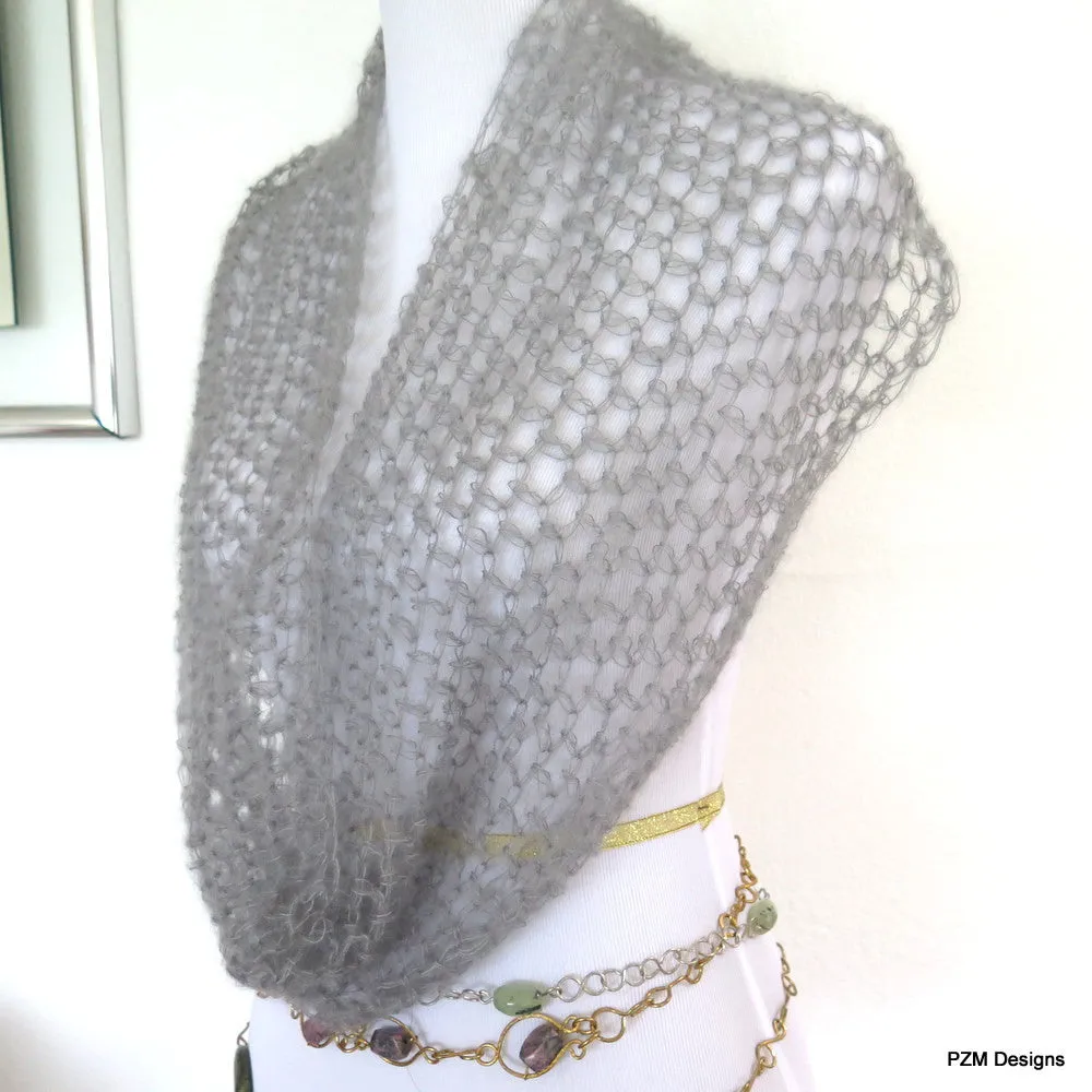 Grey silk long loop scarf, hand crochet luxury cowl gift for her