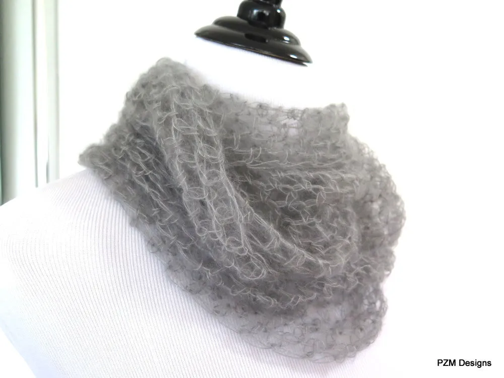 Grey silk long loop scarf, hand crochet luxury cowl gift for her