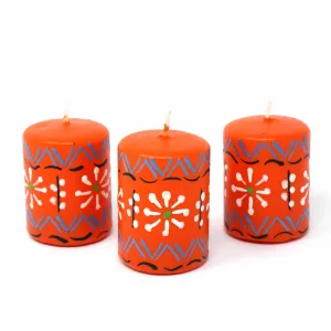 Hand Painted Candles in Orange Masika Design (box of three) Nobunto