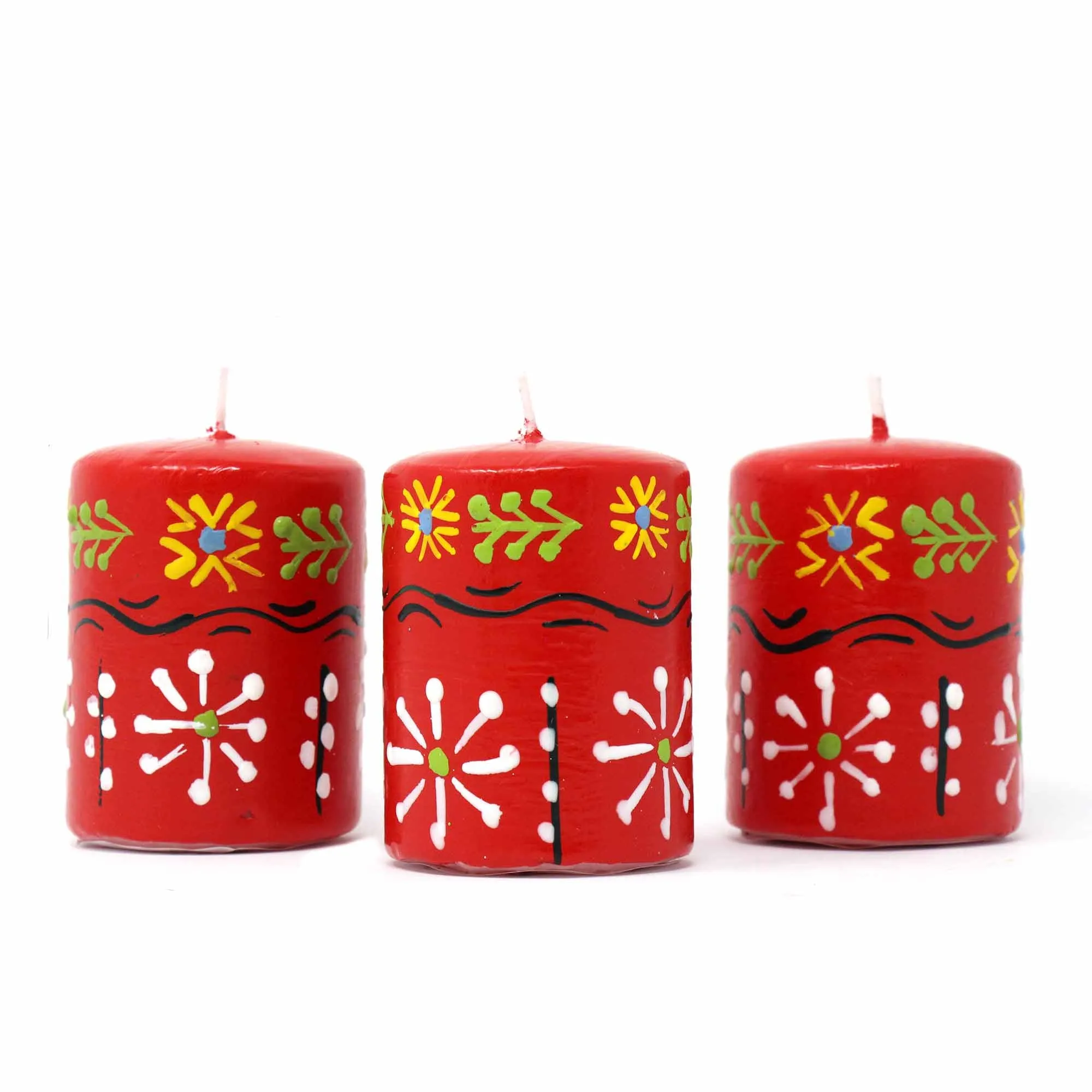 Hand Painted Candles in Red Masika Design (box of three) Nobunto