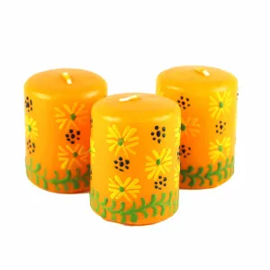 Hand Painted Candles in Yellow Masika Design (box of three) Nobunto